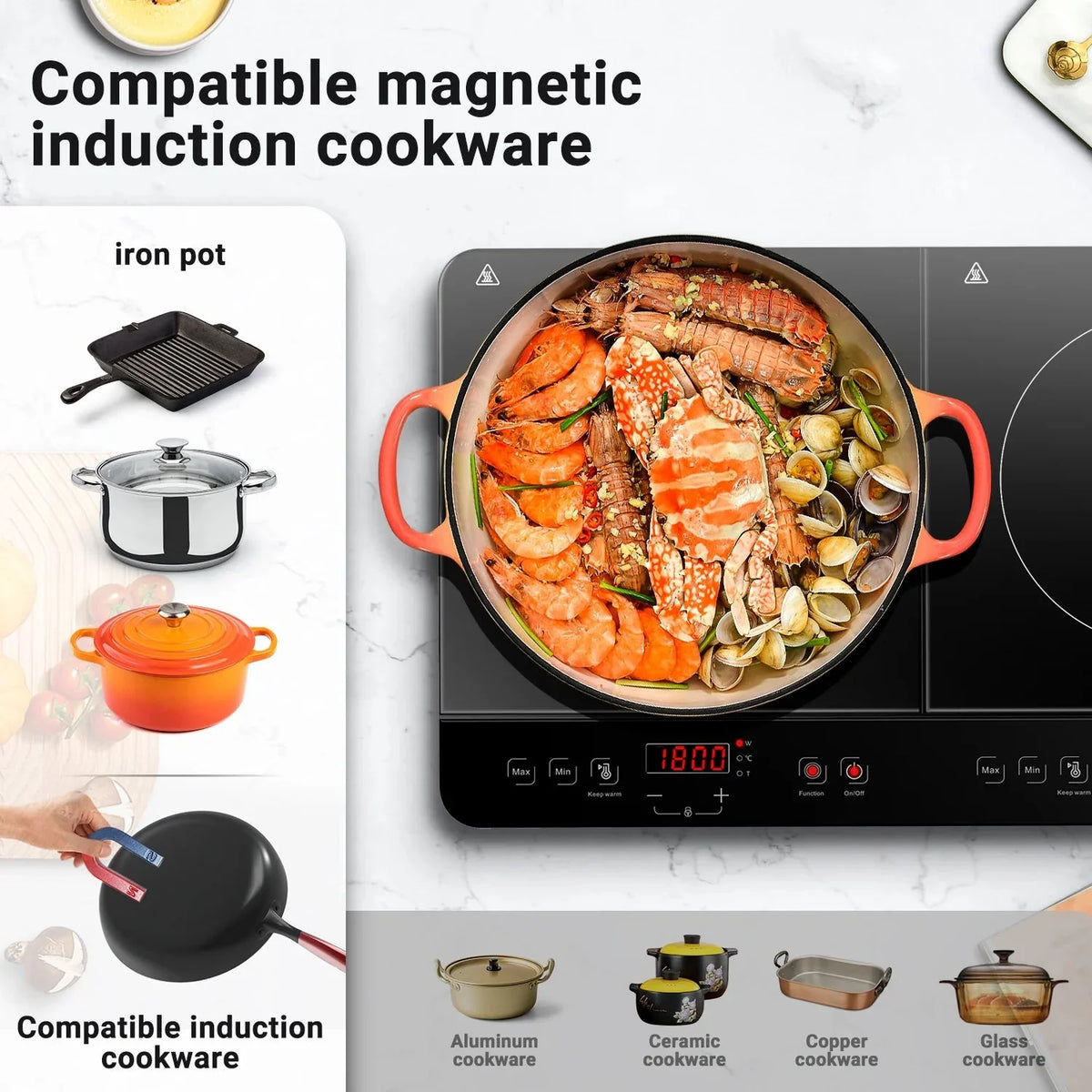 Aobosi Double Induction Cooktop With 2 Burners, 1800W, Black