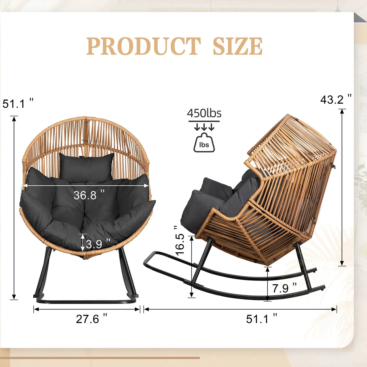 Walsunny Outdoor Patio Wicker Oversized Egg Chair With Cushion