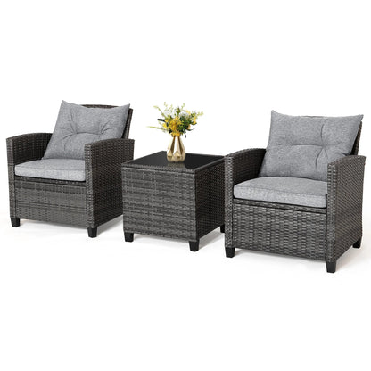 Gymax 3-Piece Patio Rattan Conversation Set With Glass Tabletop And Grey Cushions